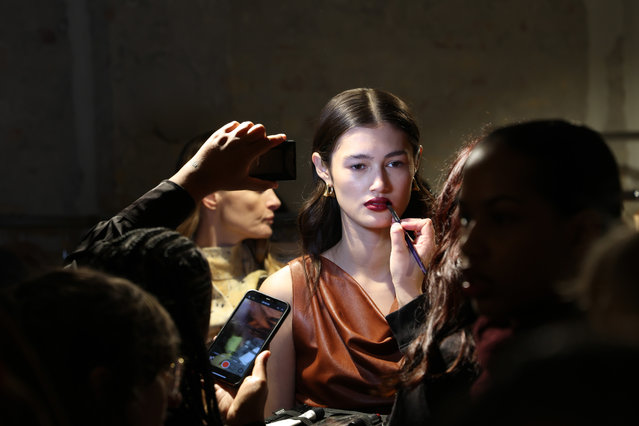 A model gets prepared backstage at the Aeron show during the Copenhagen Fashion Week AW24 on January 30, 2024 in Copenhagen, Denmark. (Photo by Vittorio Zunino Celotto/Getty Images)