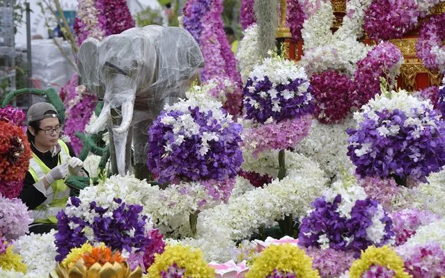 An exhibitor works on a display at the Royal Thai Embassy garden at the Chelsea Flower Show in west London, May 16, 2014. The Royal Horticultural Society Chelsea Flower Show which begins on Monday in the grounds of the Royal Hospital in Chelsea, is the most famous flower show in Britain and will be attended by Queen Elizabeth. (Photo by Toby Melville/Reuters)