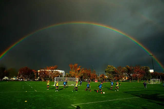 A general view as a double rainbow forms overhead during a Melbourne Victory A-League training session at Gosch's Paddock on May 12, 2015 in Melbourne, Australia. (Photo by Scott Barbour/Getty Images)