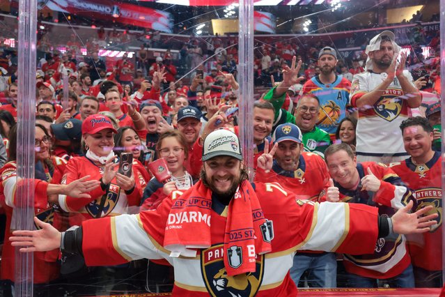 Florida Panthers goaltender Sergei Bobrovsky (72) poses for a photo with fans after winning game six of the 2025 Stanley Cup Final against the Edmonton Oilers at Amerant Bank Arena in Sunrise, Florida on June 17, 2025. (Photo by Sam Navarro/Reuters)