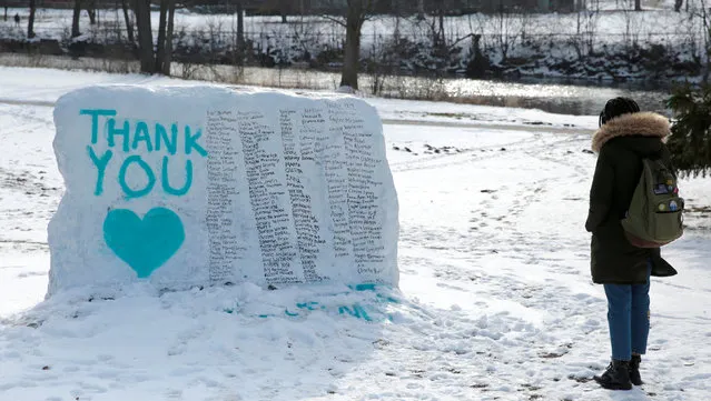 Michigan State University student Isabella Ndlebe stops to look at “The Rock” painted with the names of assault victims of Larry Nassar, a former team USA Gymnastics doctor who pleaded guilty in November 2017 to sexual assault, in East Lansing, Michigan, U.S., February 1, 2018. (Photo by Rebecca Cook/Reuters)