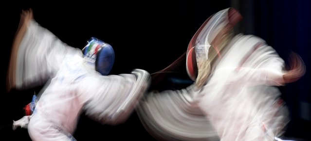 Simone Mencarelli of Italy competes against Kendrick Jean Joseph of France during the Fencing competition Men's Epee Team Bronze Medal Match between France and Italy at day 6 of the FISU World University Games Rhine-Ruhr 2025 at Messe Essen on July 21, 2025 in Essen, Germany. (Photo by Lars Baron/Getty Images)