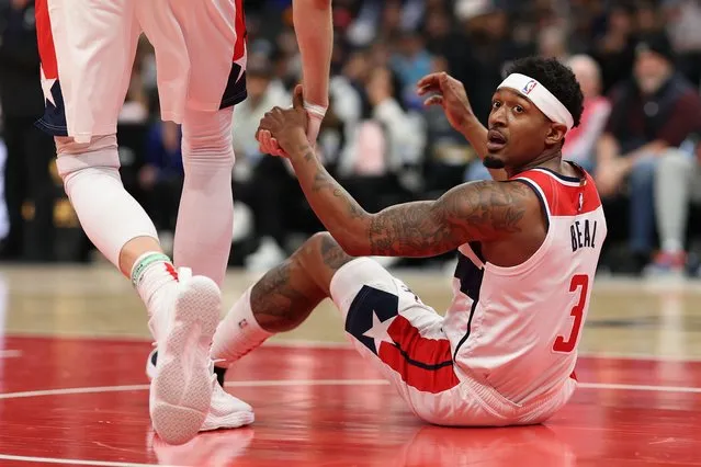 Bradley Beal #3 of the Washington Wizards looks on against the Charlotte Hornets during the first half at Capital One Arena on February 08, 2023 in Washington, DC.(Photo by Patrick Smith/Getty Images)