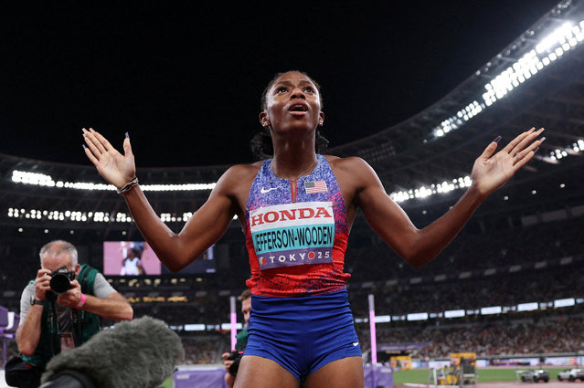 Gold medallist Melissa Jefferson-Wooden celebrates after winning the Women's 100m Final on September 14, 2025. (Photo by Edgar Su/Reuters)