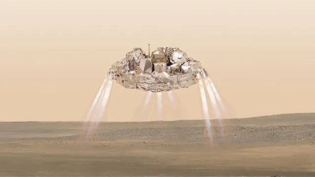 This artist impression  provided by the European Space Agency, ESA, shows the  Schiaparelli module with thrusters firing. On Wednesday October 19, 2016.  Schiaparelli will enter the martian atmosphere at an altitude of about 121 km and a speed of nearly 21 000 km/h. Less than six minutes later it will have landed on Mars. The probe will take images of Mars and conduct scientific measurements on the surface, but its main purpose is to test technology for a future European Mars rover. Schiaparelli's mother ship, TGO, will remain in orbit to analyze gases in the Martian atmosphere to help answer whether there is or was life on Mars. (Photo by ESA/ATG-medialab via AP Photo)