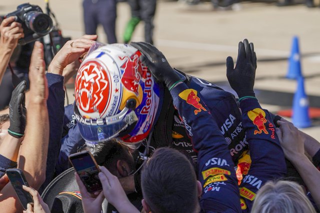 Red Bull Racing driver Max Verstappen of Netherlands celebrates winning the 2025 Formula 1 United States Grand Prix at the Circuit of the Americas racetrack in Austin, Texas, USA, 19 October 2025. (Photo by Dustin Safranek/EPA)