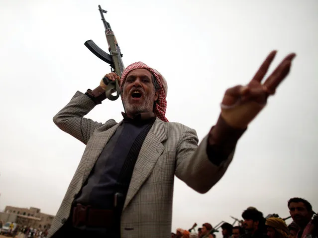 A tribesman reacts during a tribal gathering held to show support to the Houthi movement in Sanaa, Yemen November 10, 2016. (Photo by Khaled Abdullah/Reuters)