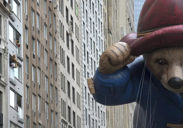 The Paddington Bear balloon is moved across Central Park South during the Macy's Thanksgiving Day Parade, Thursday, November 24, 2016, in New York. (Photo by Bryan R. Smith/AP Photo)