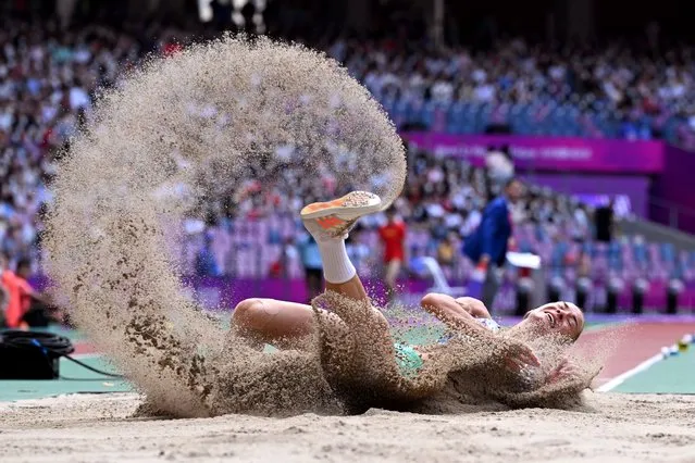 Uzbekistan's Ekaterina Voronina competes during the long jump in the women's heptathlon at the 2022 Asian Games in Hangzhou in China's eastern Zhejiang province on October 1, 2023. (Photo by William West/AFP Photo)