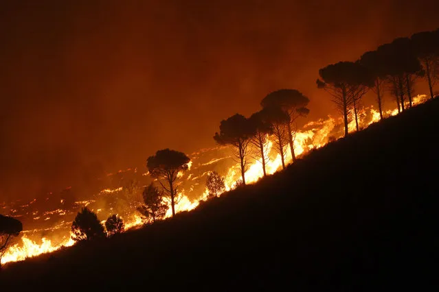 A view of flames as wildfires spread through residential houses in Palermo, Sicily, Italy on September 23, 2023. The fire ignited on the evening of September 21st and rapidly spread throughout the night. As a result, residents began to be evacuated from the affected areas. (Photo by Alberto Lo Bianco/Anadolu Agency via Getty Images)
