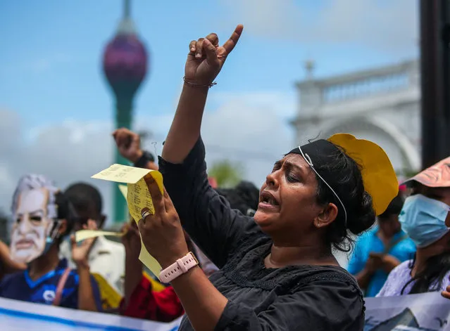 Union members and civil society activists staged a protest over government debt restructuring affecting the income of EPF and ETF funds in front of the Colombo Fort railway station on 28 August 2023. (Photo by Pradeep Dambarage/Nurphoto)