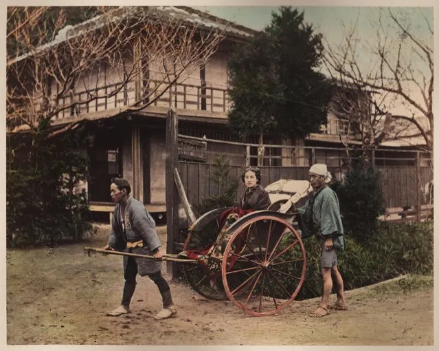 A rickshaw driver brings a wealthy young woman to her destination, as her man servant accompanies on foot, in this circa 1890 hand colored photograph from Tokyo. (Photo by Transcendental Graphics/Getty Images)