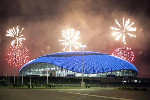 Fireworks are shot over the Bolshoy Ice Dome at the conclusion of a rehearsal for the opening ceremony at the 2014 Winter Olympics, Saturday, February 1, 2014, in Sochi, Russia. (Photo by David Goldman/AP Photo)