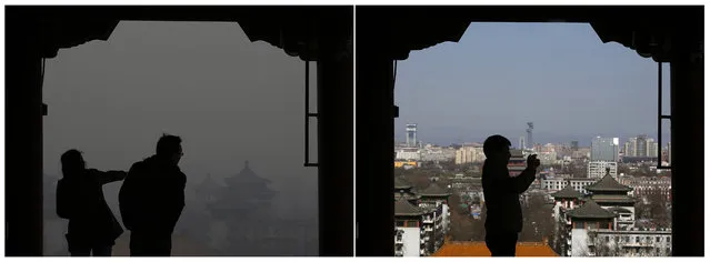 A combination picture shows Beijing's hazy sky (L) on February 24, 2014 and clear sky on February 27, 2014, from the top of Jingshan Park near the Forbidden City. China's environment ministry has vowed to “harshly punish” factories and power plants that contributed to a hazardous smog which enveloped much of Northern China, official state media reported on Wednesday. (Photo by Kim Kyung-Hoon/Reuters)