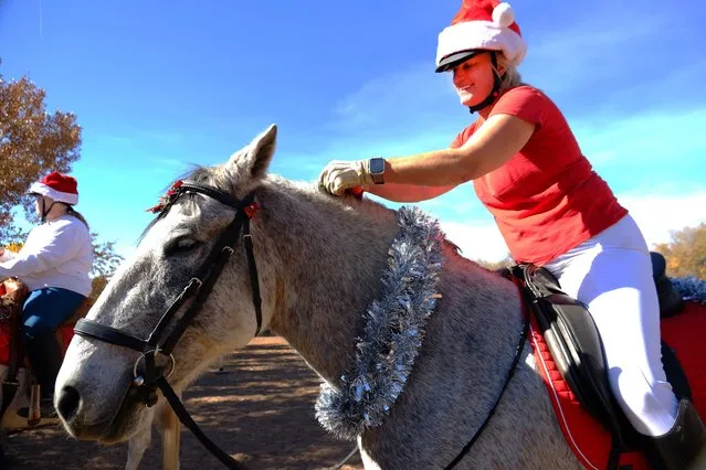 Katherine Arce attaches a bow on the mane of her horse “Rock” during the Annual Corrales Ride-in-Round-up toys and food drive in New Mexico, US on Sunday, November 14, 2021. (Photo by Adolphe Pierre-Louis/Journal/Albuquerque Journal via ZUMA/Rex Features/Shutterstock)