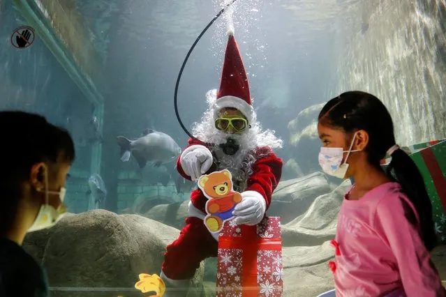 Diver Miguel Villanueva poses in a Santa costume inside a fishtank at the aquarium of a zoo in Guadalajara, Mexico, 19 December 2021. (Photo by Francisco Guasco/EPA/EFE)