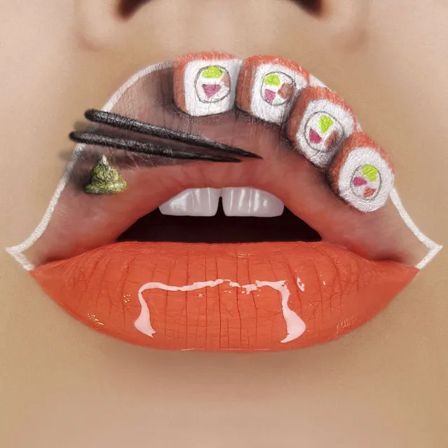 Tutushka's lipstick art work on her lips showing chopsticks and sushi rolls. (Photo by Tutushka Matviienko/Caters News Agency)