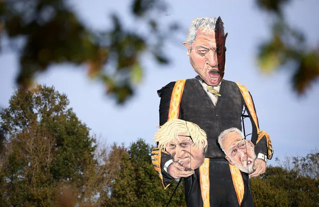 The 11-metre effigy of Britain's Speaker of the House of Commons John Bercow holding Prime Minister Boris Johnson and Labour Party leader Jeremy Corbyn is seen after it was unveiled today ahead of the Edenbridge Bonfire Celebrations in Edenbridge, Britain on October 30, 2019. (Photo by Tom Nicholson/Reuters)