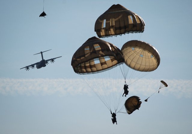 French Marines of the 8th Infantry Parachute Regiment are seen parachuting during the NATO Spring Storm exercises in Viitna, Estonia on May 20, 2023. The Spring Storm exercise that kicked off this week is the largest military exercise of the Estonian Defence Forces (EDF) involving allied NATO forces. The Northern and Central Europe NATO forces are organized under the Enhanced Forward Presence (ePF) force currently under leadership of the UK. (Photo by Jaap Arriens/AFP Photo)