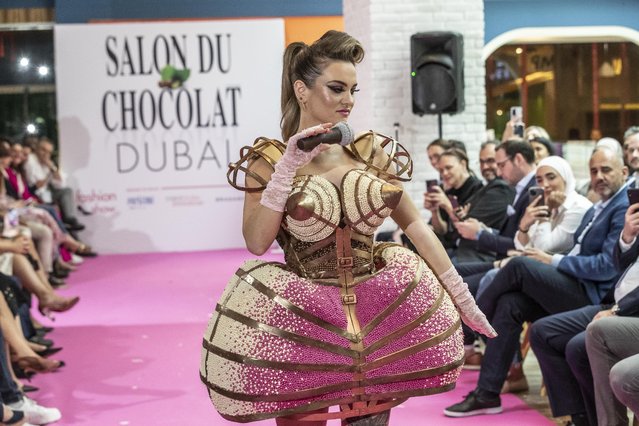 The second annual Salon du Chocolat exhibition and fashion show at LeGourmet in Galeries Lafayette, Dubai Mall on May 18, 2023. Dress “Madonna” created by Chef Christiane S. Trilck designed by Julian Knips. (Photo by Antonie Robertson/The National)