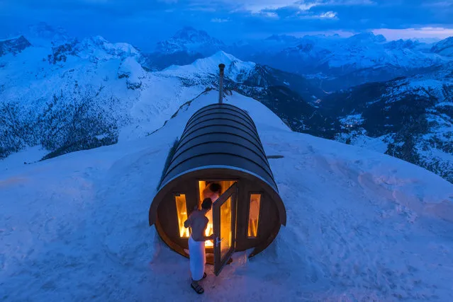 Merit: Sauna in the Sky. A sauna  at 2.800 mt high, in the heart of Dolomites. Monte Lagazuoi, Cortina, eastern Italian Alps. (Photo and caption by Stefano Zardini/National Geographic Traveler Photo Contest)