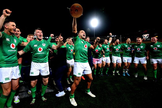 James Lowe of Ireland celebrates with his team after winning the International Test match between the New Zealand All Blacks and Ireland at Sky Stadium on July 16, 2022 in Wellington, New Zealand. (Photo by Joe Allison/Getty Images)