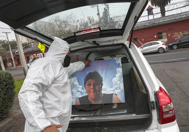 A funeral worker places a picture of Lidia Morales over her coffin in a hearse at the San Jose hospital in Santiago, Chile, Monday, June 22, 2020. Lidia Morales' son Cristian said that his mother died from COVID-19 related complications. (Photo by Esteban Felix/AP Photo)