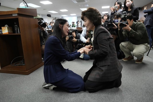 Truth and Reconciliation Commission Chairperson Park Sun Young, right, comforts adoptee Yooree Kim during a press conference in Seoul, South Korea, Wednesday, March 26, 2025. (Photo by Ahn Young-joon/AP Photo)