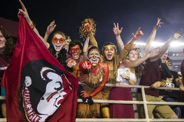 Florida State fans celebrate the team's 31-27 victory over Notre Dame in an NCAA college football game in Tallahassee, Fla., Saturday, October 18, 2014. (Photo by Mark Wallheiser/AP Photo)