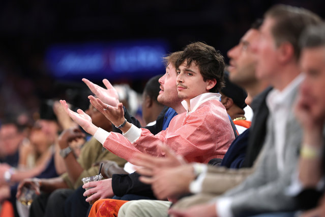 Timothee Chalamet attends Game One of the Eastern Conference Finals of the 2025 NBA Playoffs between the New York Knicks and the Indiana Pacers at Madison Square Garden on May 21, 2025 in New York City. (Photo by Sarah Stier/Getty Images)