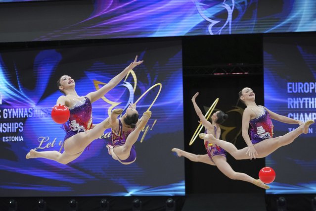 Spain team competes during the apparatus finals of the European Championships in Rhythmic Gymnastics at the Unibet Arena, Tallinn, Estonia, Sunday, June 8, 2025. (Photo by Sergei Grits/AP Photo)