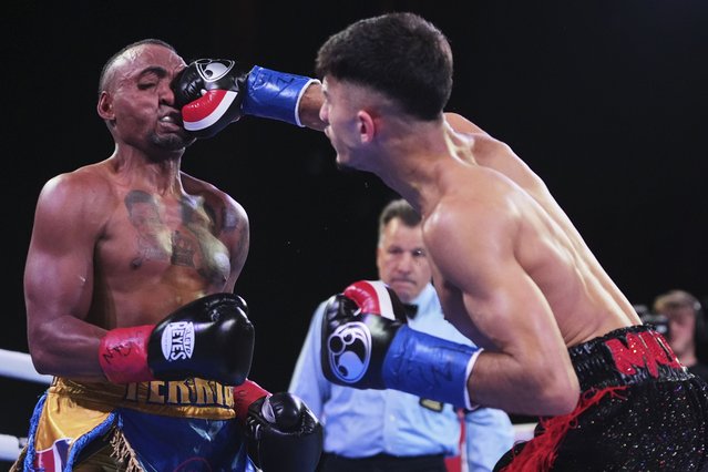 England's Adam Maca, right, punches Rafael Castillo during the first round of a bantamweight boxing match Saturday, June 14, 2025, in New York. (Phoot by Frank Franklin II/AP Photo)
