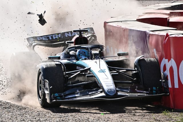 Mercedes' British driver George Russell crashes during during the Australian Formula One Grand Prix at Albert Park Circuit in Melbourne on March 24, 2024. (Photo by Paul Crock/AFP Photo)