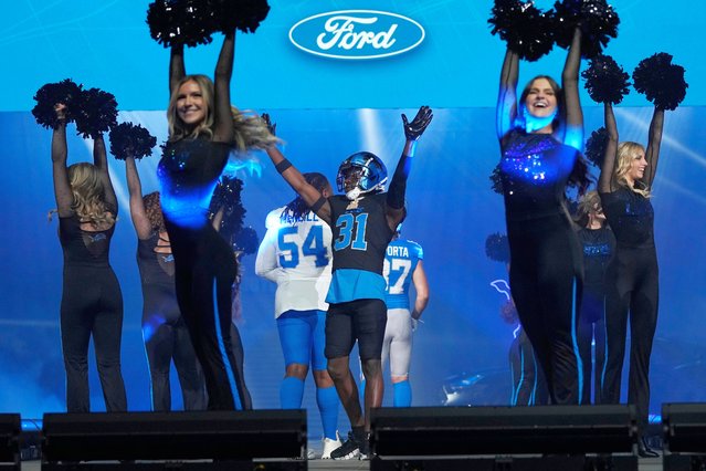 Detroit Lions safety Kerby Joseph shows off the NFL football team's alternate jersey during an unveiling at Ford Field, Thursday, April 18, 2024, in Detroit. (Photo by Carlos Osorio/AP Photo)