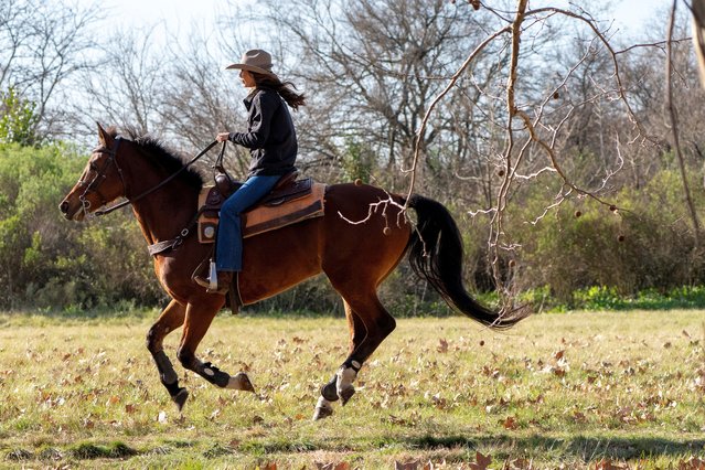 U.S. Homeland Security Secretary Kristi Noem tours the Campo De Mayo Military Base by horse in Buenos Aires province, Argentina, on July 28, 2025. (Photo by Alex Brandon/Reuters)