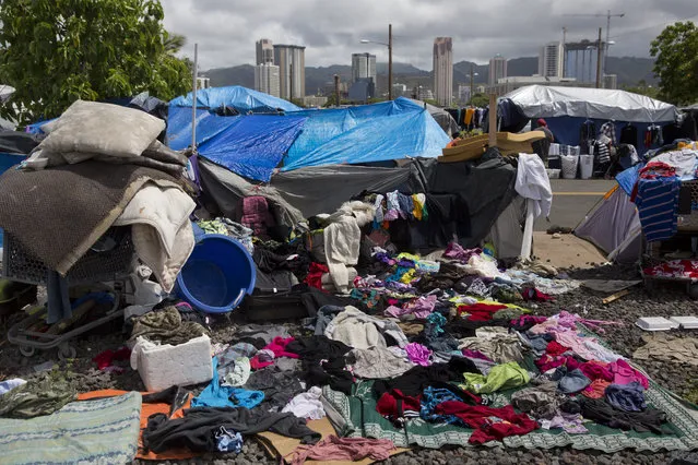 In this Tuesday, August 25, 2015 photo, clothes that belong to homeless people are left to dry after a night with heavy rain at a homeless encampment in the Kakaako district of Honolulu. The camp, one of the nation's largest homeless encampments and once home to hundreds of people, was recently cleared by city and state officials. (Photo by Jae C. Hong/AP Photo)