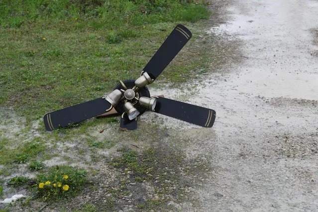 A destroyed ceiling fan sits in the middle of the street after a tornado touched down in the area on April 5, 2023 in Glenallen, Missouri. (Photo by Michael B. Thomas/Getty Images)