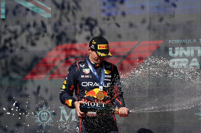 Red Bull Racing driver Max Verstappen of Netherlands celebrates on the podium after winning the 2025 Formula 1 United States Grand Prix at the Circuit of the Americas racetrack in Austin, Texas, USA, 19 October 2025. (Photo by Dustin Safranek/EPA)