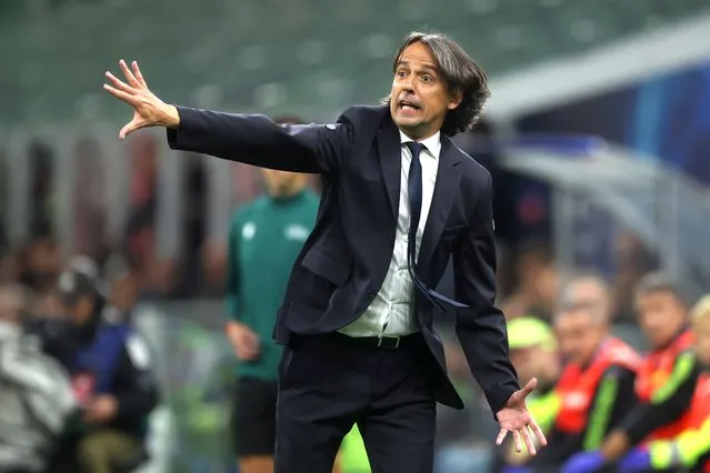 Simone Inzaghi, Head Coach of FC Internazionale, reacts during the UEFA Champions League semi-final first leg match between AC Milan and FC Internazionale at San Siro on May 10, 2023 in Milan, Italy. (Photo by Alex Grimm/Getty Images)