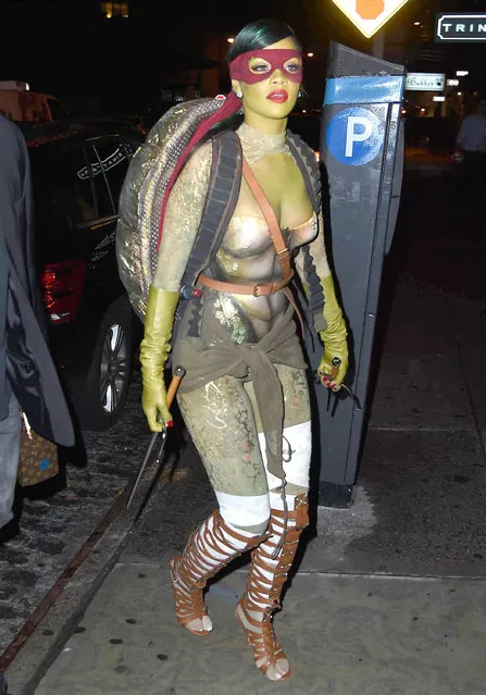 Singer Rihanna going to a Halloween party with some friends in New York City, New York on October 31, 2014. She and her friends were all dressed up as the teenage mutant ninja turtles. (Photo by FameFlynet)