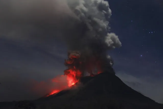 Mount Sinabung is seen during an eruption from Naman Teran village in Karo district, January 20, 2014. (Photo by Reuters/Beawiharta)