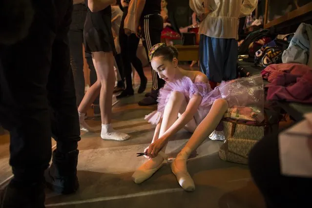 In this photo taken on Thursday, March  3, 2016, Harper Ortlieb from Mount Hood, Oregon, prepares for a performance at the Bolshoi Ballet Academy in Moscow, Russia. (Photo by Alexander Zemlianichenko/AP Photo)