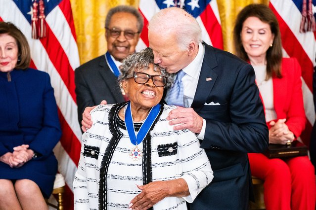 Opal Lee and US President Joe Biden during the presentation of the Presidential Medal of Freedom in the East Room of the White House on Friday May 3, 2024. Bonnie S. Englebardt accepted the award on behalf of Frank Lautenberg. (Photo by Demetrius Freeman/The Washington Post)