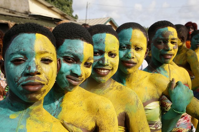 Ivorians take part in a parade on the last day of the 44th Popo Carnival in Bonoua, some 60 kilometers south of Abidjan, Ivory Coast, 22 April 2023. The carnival of Bonoua is the Ivorians version of Mardi Gras running for a week. Derived from a celebration of the cultural heritage of the Aboure people, the Popo Carnival involves gastronomic competitions, beauty pageants, sports days, a festival of traditional dances and reflection workshops on Popo museum amongst other activities. (Photo by Legnan Koula/EPA/EFE/Rex Features/Shutterstock)