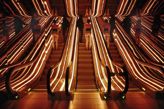 An optical illusion of a single escalator, center, in the lobby of the PUBLIC hotel, is created by its reflective surroundings, in New York, Tuesday, June 6, 2017. The new hotel opening Wednesday, June 7, 2017, on Manhattan's Lower East Side is the latest project from Ian Schrager, who's known for introducing the concept of boutique hotels and as co-founder of the legendary disco Studio 54. (Photo by Richard Drew/AP Photo)