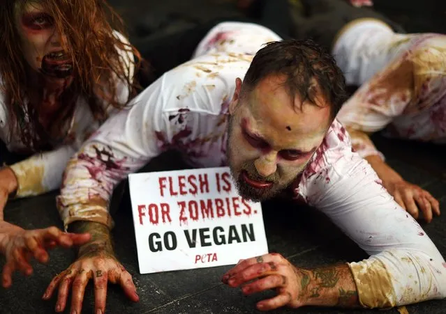 Protestors dressed as zombies demonstrate in front of a KFC outlet in Sydney, Australia on June 15, 2017. The protest was organised by People for the Ethical Treatment of Animals (PETA) against the consumption of animals flesh by human. (Photo by Saeed Khan/AFP Photo)
