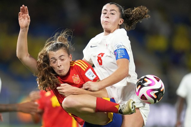 Spain's Lucia Corrales, left and Canada's Florianne Jourde fight for the ball during a U-20 Women's World Cup round of sixteen soccer match in Cali, Colombia, Wednesday, September 11, 2024. (Photo by Dolores Ochoa/AP Photo)