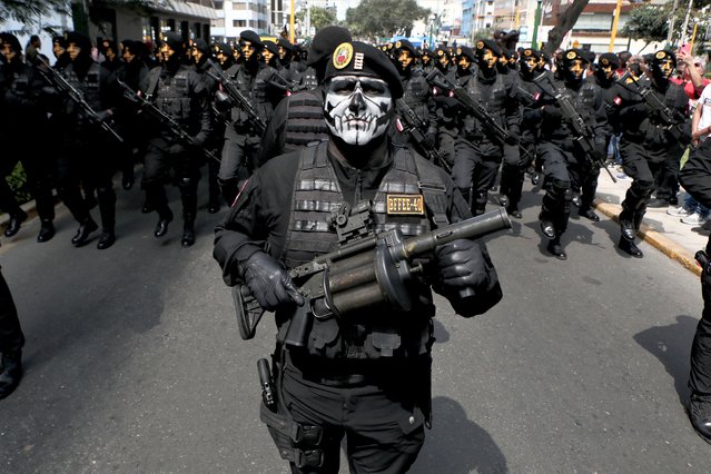 Military personnel march within a civic-military parade held to commemorate the country's Independence Day in Lima, Peru on July 29, 2023. (Photo by Klebher Vasquez/Anadolu Agency via Getty Images)