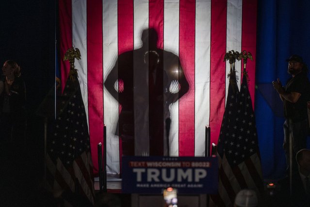 Former President, Donald Trump, makes a grand entrance on stage for a campaign rally on Wednesday May 1st, 2024.(Photo by Sara Stathas for the Washington Post)