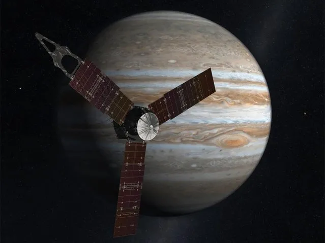 An undated handout image made available on 04 July 2016 by the National Aeronautics and Space Administration (NASA) shows an artist's rendering of NASA's Juno spacecraft making one of its close passes over Jupiter. NASA's solar-powered Juno spacecraft will perform a suspenseful orbit insertion maneuver as it arrives to Jupiter after its five-year journey, late 04 July 2016, according to NASA. The maneuver will slow down the spacecraft to around 542 meters per second in order to enter into Jupiter's orbit. When in orbit, Juno will orbit Jupiter 37 times within 20 months. (Photo by EPA/NASA)